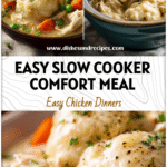 Bowl of creamy slow cooker chicken and dumplings topped with herbs beside a crockpot for easy dinner idea.